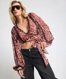 Songbird Sheer Balloon Sleeve Tie-Up Blouse - Pink Leopard, SML Songbird Sheer Balloon Sleeve Tie-Up Blouse - Pink Leopard, SML