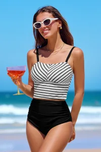 Striped Square Neck Tankini Top & High-Waisted Bottoms Set - Black Striped Square Neck Tankini Top & High-Waisted Bottoms Set - Black