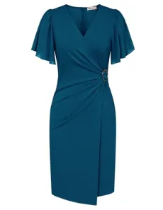 Summer Women V-Neck Chiffon Short Sleeve Dresses Elegant Ruched Slim Fit Banquet Party Mini Bodycon Dress Lake Blue XL Summer Women V-Neck Chiffon Short Sleeve Dresses Elegant Ruched Slim Fit Banquet Party Mini Bodycon Dress Lake Blue XL