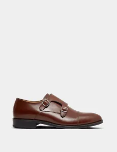 Tan Double Monk Strap Shoe Polido Calf Leather Plain Men's