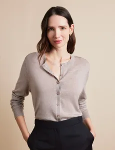 Taupe Crew Neck Cardigan Machine Washable Merino Wool Plain Women's Taupe Crew Neck Cardigan Machine Washable Merino Wool Plain Women's