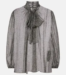 Tie-neck herringbone silk chiffon blouse Tie-neck herringbone silk chiffon blouse