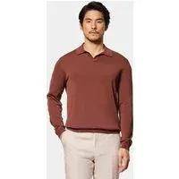 Tobacco Open Collar Knitted Polo Shirt Long Sleeve Cotton Plain Men's Tobacco Open Collar Knitted Polo Shirt Long Sleeve Cotton Plain Men's