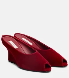 Velvet wedge mules