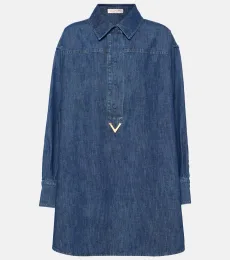 Vestido camisero de chambray de denim con VGold Vestido camisero de chambray de denim con VGold