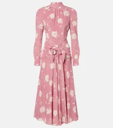 Vestido midi de seda floral con lazo Vestido midi de seda floral con lazo
