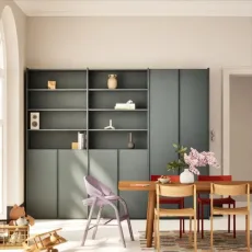 Wall Storage in Dusk Blue with Internal Drawers and Rail Wall Storage in Dusk Blue with Internal Drawers and Rail