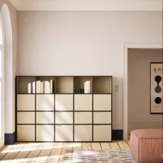 Wall Storage in Sand and Blue with Doors and Drawers Wall Storage in Sand and Blue with Doors and Drawers