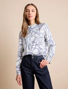 White Blue Chunky Chains Boutique Blouse WhiteBlue Satin Geometric Women's White Blue Chunky Chains Boutique Blouse WhiteBlue Satin Geometric Women's