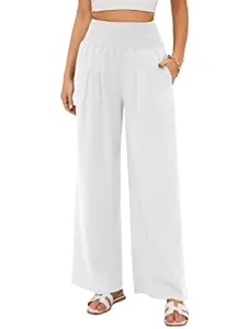 White Linen Trousers for Ladies Women Loose Smocked High Rise Palazzo Linen Pants with Pockets S White Linen Trousers for Ladies Women Loose Smocked High Rise Palazzo Linen Pants with Pockets S