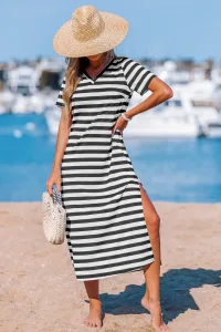 Wide Stripe V-Neck Short Sleeve Midi Dress - Black