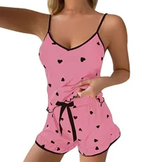 Wine Pajama Set for Women Women's Ice Silk Shredded Milk Suspender Home Clothes Set Soft Love Printed Pajama Set Short Sleeve Button down Pajama Set for Women