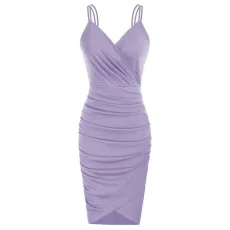 Women 1950s Party Cocktail Dress for Summer Cami Dress V-Neck Ruched Mini Bodycon Dress Light Purple L Women 1950s Party Cocktail Dress for Summer Cami Dress V-Neck Ruched Mini Bodycon Dress Light Purple L