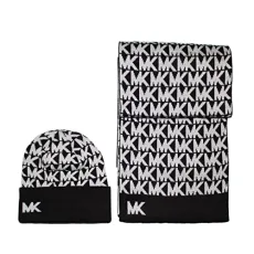 Women All Over Logo Knitted Scarf & Beanie MK Gift Box, One Size (Black) Women All Over Logo Knitted Scarf & Beanie MK Gift Box, One Size (Black)