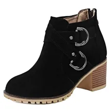 Women Ankle Boots with Chunky Heel and Round Toe Chelsea Boots with Suede Materail Black