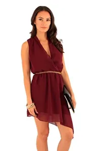 Women Asymmetric Dress Sleeveless Midi with Chain Belt Wrap Front Top Wine UK 10