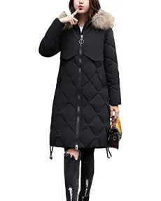 Women Big Fur Collar Down Jacket Puffer Winter Coat Long Cotton Blend Quilted Outerwear Black M