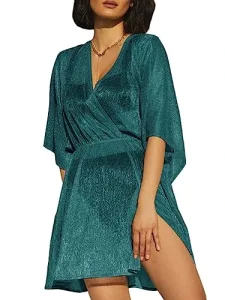 Women Crochet Cover Up Dress Short Sleeve Wrap V Neck Beachwear Coverup Sheer Elastic Waist Swimsuit Coverup, Green, Large