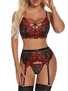 Women Lingerie Set with Garter Belt Sexy Lace Bra and Panties Set Strappy Teddy Nightwear 3 Pieces Lingerie(Red S) Women Lingerie Set with Garter Belt Sexy Lace Bra and Panties Set Strappy Teddy Nightwear 3 Pieces Lingerie(Red S)