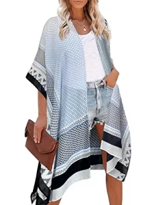 Women Long Kimono Floral Cardigans Beach Bikini Cover Up Sarongs Print Boho Cardigan Open Front Loose Shawl Blouse Summer for Ladies Light Blue Beach 2