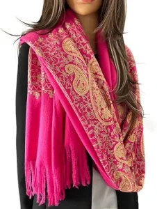 Women Pashmina Scarf Shawl Wrap - Large Long Paisley Floral Rainbow Ladies Scarves, Wearable Blanket Scarf, Womens Winter Scarfs, Indian Shawl Wedding Evening Stole, Cashmere (Fuchsia Gold Paisley) Black 2 Women Pashmina Scarf Shawl Wrap - Large Long Paisley Floral Rainbow Ladies Scarves, Wearable Blanket Scarf, Womens Winter Scarfs, Indian Shawl Wedding Evening Stole, Cashmere (Fuchsia Gold Paisley) Black 2
