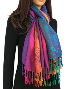 Women Pashmina Scarf Shawl Wrap - Large Long Paisley Floral Rainbow Ladies Scarves, Wearable Blanket Scarf, Womens Winter Scarfs, Indian Shawl Wedding Evening Stole (Rainbow Feather: Purple) Black 3 Women Pashmina Scarf Shawl Wrap - Large Long Paisley Floral Rainbow Ladies Scarves, Wearable Blanket Scarf, Womens Winter Scarfs, Indian Shawl Wedding Evening Stole (Rainbow Feather: Purple) Black 3