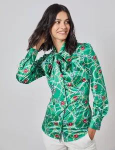 Women's Green Gold Print Fitted Satin Blouse Single Cuff Pussy Bow GreenGold Floral Women's Green Gold Print Fitted Satin Blouse Single Cuff Pussy Bow GreenGold Floral