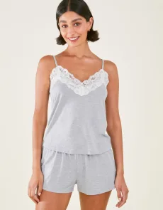 Women's Super-Soft Pyjama Set Grey Sleeveless Regular Lace Trim Polyester, Size XL Women's Super-Soft Pyjama Set Grey Sleeveless Regular Lace Trim Polyester, Size XL