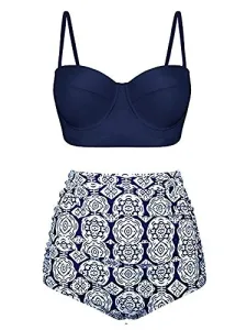 Women Sexy High Waist Swimsuit Bikini Set Two-Piece Summer Holiday Beach Swimwear Tummy Control Printed Tankini Navy Blue S Beach 2