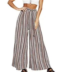 Women Stripe Palazzo Trousers Drawstring Cotton Casual Wide Leg Pants Good for Party Holiday Yoga S