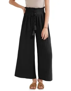 Women Summer Comfy Wide Leg Trousers Casual High Waist Lounge Pants with Pockets Black M Women Summer Comfy Wide Leg Trousers Casual High Waist Lounge Pants with Pockets Black M