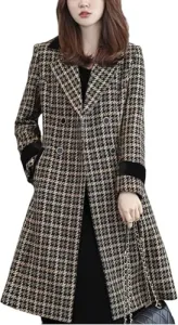 Women Winter Warm Houndstooth Plaid Wool Blend Coat Nothced Lapel Double Breasted Overcoat Winter Outwear Peacoat
