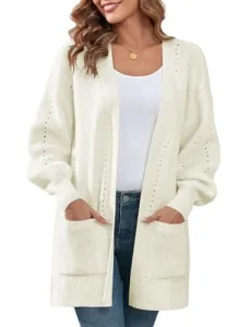 Women's 2024 Fall Knit Cardigans Long Sleeve Open Front Oversized Cardigan Sweaters Jackets with Pockets, Beige, Large