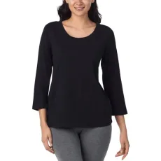 Womens 3/4 Sleeve Sleep Shirt - Lightweight Breathable Pajama Top - Cotton Knit Jersey Crewneck Sleepwear Loungewear, Black, 3X