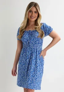 Womens Blue Ditsy Print Milkmaid Shirred Waist Mini Dress Womens Blue Ditsy Print Milkmaid Shirred Waist Mini Dress