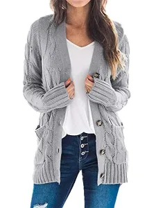 Women's Cable Knitted Cardigan Coat Button Down Long Sleeve Ladies Chunky Sweater Jackets Outwear Tops M Grey Acrylic 2