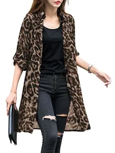 Womens Cardigans Summer Lightweight Leopard Printed Loose Bikini Cover Up Long Sleeve Open Front Kimono Chiffon Cardigan Coffee-H29728 4XL Beach 3