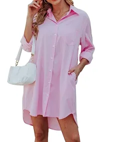 Women's Casual Long Sleeve Button Down Shirt Dress Oversize Swimsuit Cover Up for Women 2024 Pink Women's Casual Long Sleeve Button Down Shirt Dress Oversize Swimsuit Cover Up for Women 2024 Pink