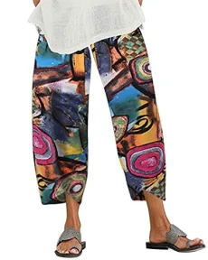 Womens Casual Trousers Cotton Linen Baggy Trousers Elastic Waistband Harem Trousers Ladies 3/4 Length Trousers Yoga Pants Cropped Trousers 001-Yellow S Womens Casual Trousers Cotton Linen Baggy Trousers Elastic Waistband Harem Trousers Ladies 3/4 Length Trousers Yoga Pants Cropped Trousers 001-Yellow S