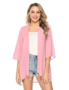 Women's Chiffon Kimonos Beach Coverups Lightweight 3/4 Sleeve Sheer Summer Cardigans Shrug Top Bikini Swimsuit Cover Wrap Beachwear Pink/Solid M
