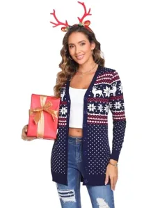 Womens Christmas Cardigan Lightweight Long Sleeve Button Top Ladies Chunky Cable Knit Reindeer Printed Cardigans Basic 2