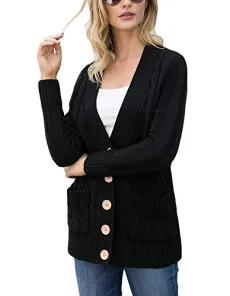 Womens Chunky Knitted Baggy Oversized Cardigan Button Cable Knit Long Sleeve Aran Type Knitwear Long Cardigans with Pocket