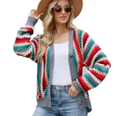 Women's Colorful Knitted Cardigan Jacket with V-Neck
