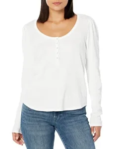 Women's Daniella Top Long Subtle Puff Sleeve Soft Waffle Knit in Ivory Blouse, XX-Small