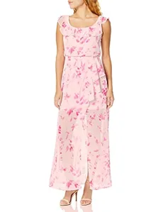 Women's Faux wrap Maxi Dress with Ruffle Detail at Neckline, Hibiscus Multi, 10 Women's Faux wrap Maxi Dress with Ruffle Detail at Neckline, Hibiscus Multi, 10