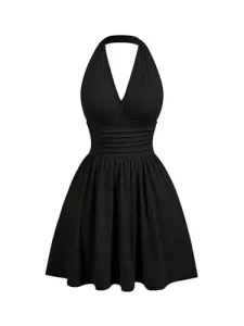 Women's Flared Flowy Ruched Halter Mini Dresses Ruffle Backless Going Out Mini Swing Dress Black L Women's Flared Flowy Ruched Halter Mini Dresses Ruffle Backless Going Out Mini Swing Dress Black L