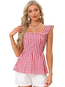 Women's Gingham Peplum Top, Sleeveless Checked Summer Blouse with Square Neck, red, Large Women's Gingham Peplum Top, Sleeveless Checked Summer Blouse with Square Neck, red, Large