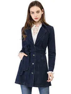 Women's Jean Belted Notched Lapel Trench Long Denim Jacket Dark Blue M Women's Jean Belted Notched Lapel Trench Long Denim Jacket Dark Blue M