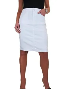 Women's Knee Length Stretch Chino Pencil Skirt Ladies Jeans Style Heavy Cotton Casual Summer Skirt White 8-20 (16)