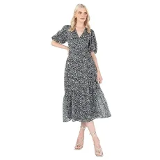Women's Ladies Midaxi Dress V-Neck Puff Short Sleeve Wrap Empire A-line Animal Print Wedding Guest Occasion Evening Prom, Black, 22 Women's Ladies Midaxi Dress V-Neck Puff Short Sleeve Wrap Empire A-line Animal Print Wedding Guest Occasion Evening Prom, Black, 22